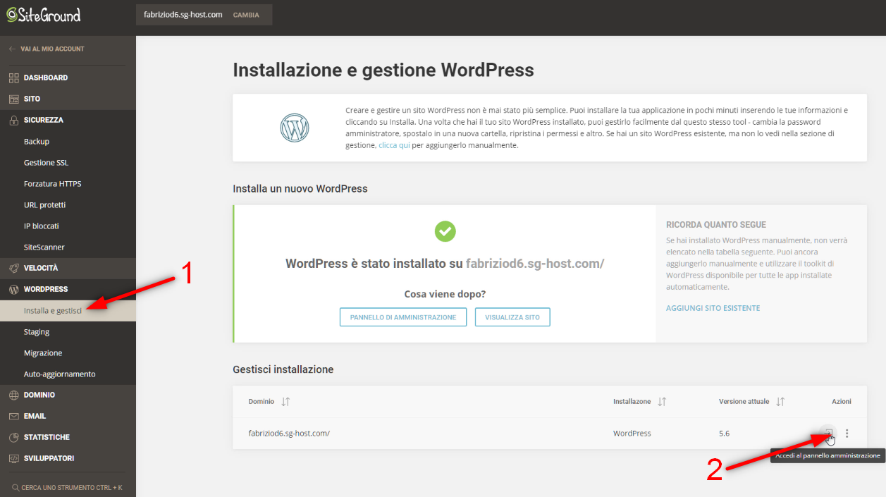 Come creare un sito web - accesso a wordpress